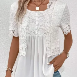 White Round Neck Fake 2in1 Short Sleeve Blouse