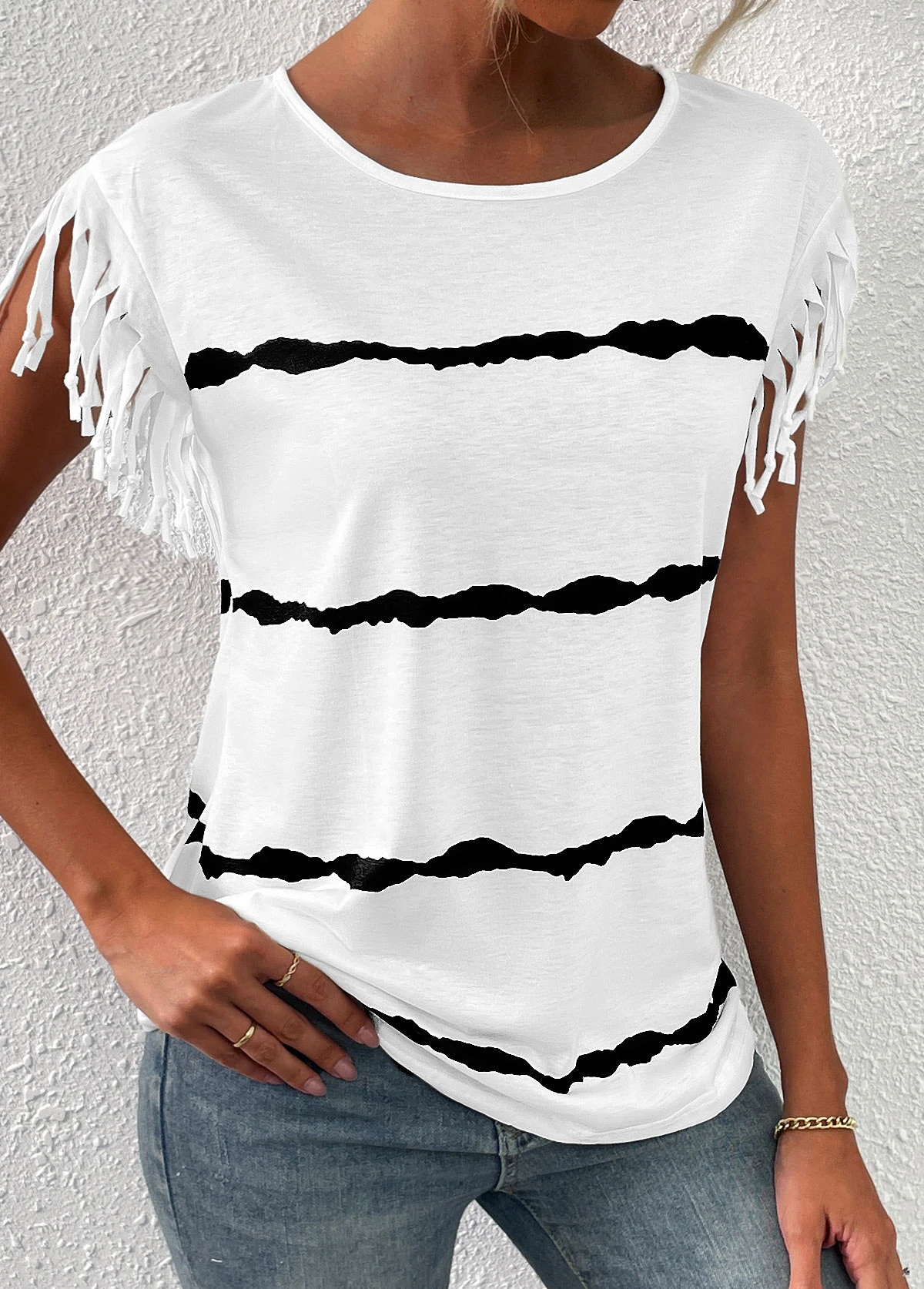 Striped Tassel White Round Neck T Shirt 3 Striped Tassel White Round Neck T Shirt - Image 3