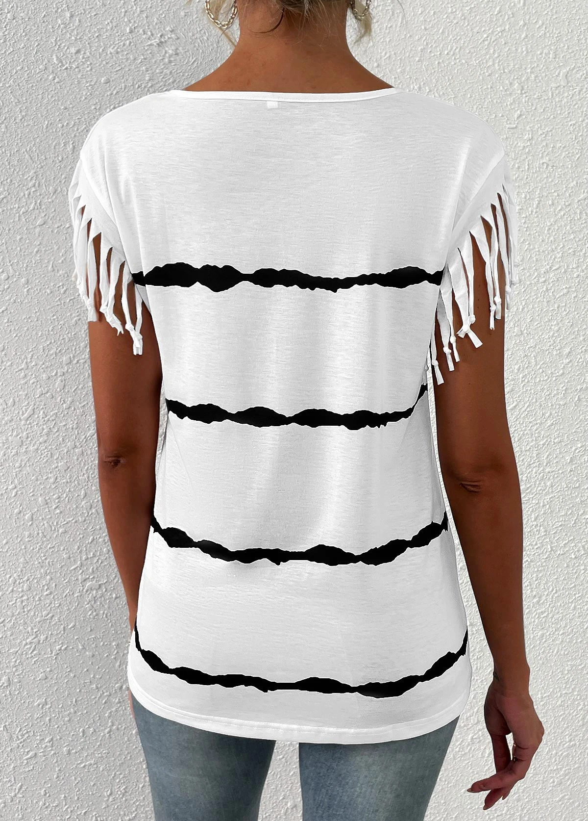Striped Tassel White Round Neck T Shirt 2 Striped Tassel White Round Neck T Shirt - Image 2