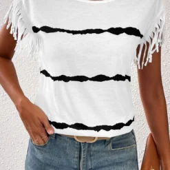 Striped Tassel White Round Neck T Shirt 9 Striped Tassel White Round Neck T Shirt -Rosewe Online Store 333369 P 16859668802504