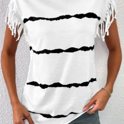 Striped Tassel White Round Neck T Shirt