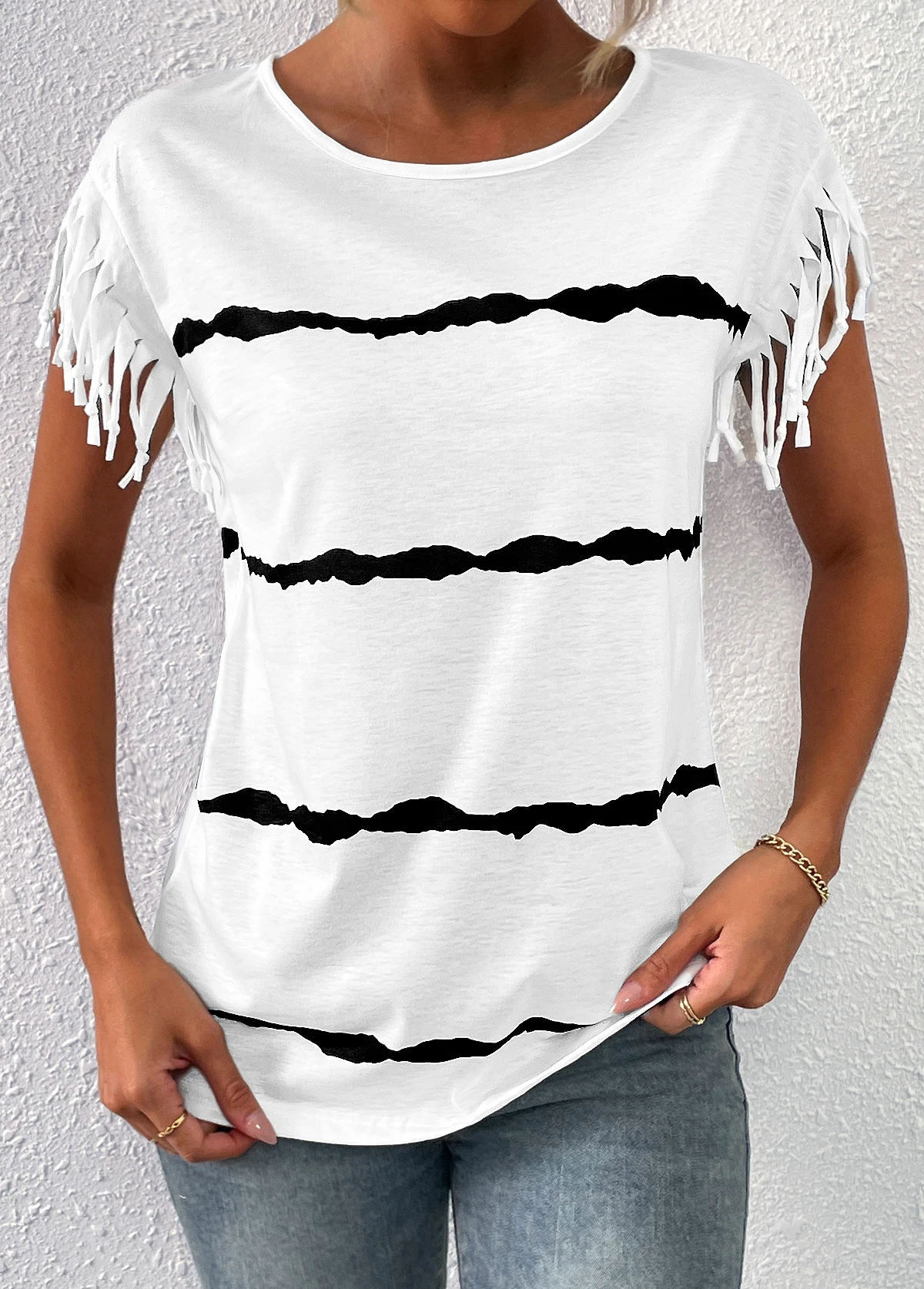 Striped Tassel White Round Neck T Shirt 1 Striped Tassel White Round Neck T Shirt