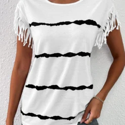 Striped Tassel White Round Neck T Shirt 8 Striped Tassel White Round Neck T Shirt -Rosewe Online Store 333369 P 16859668804703