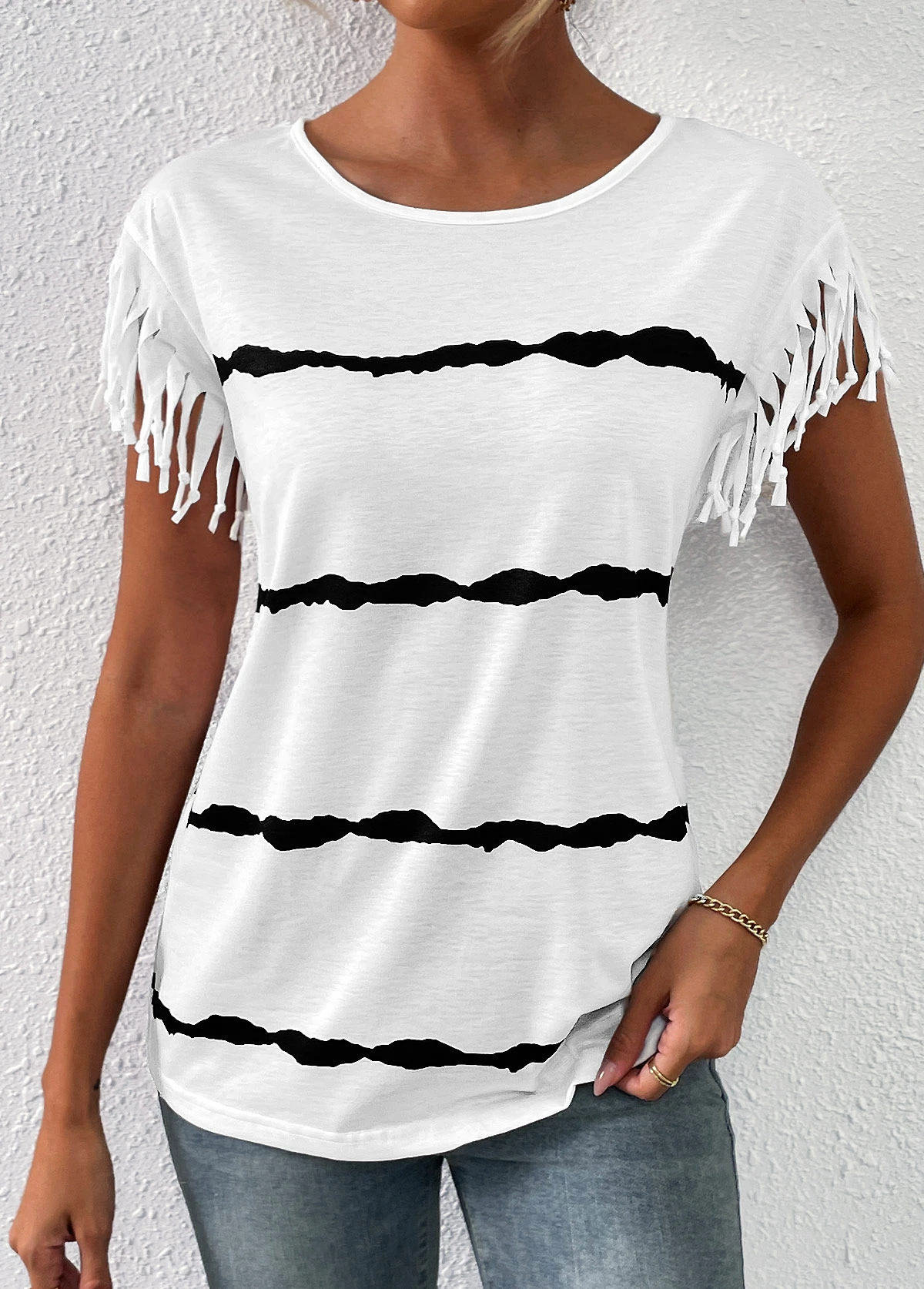 Striped Tassel White Round Neck T Shirt 4 Striped Tassel White Round Neck T Shirt - Image 4