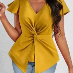 V Neck Twist Ginger Short Sleeve T Shirt -Rosewe Online Store 333382 P 1683368674855