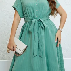Mint Green Plus Size Button Belted Dress