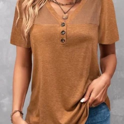 Dark Camel V Neck Patchwork T Shirt