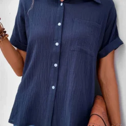 Pocket Shirt Collar Short Sleeve Navy Blouse -Rosewe Online Store 333575 P 16854383991023