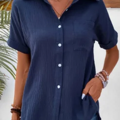 Pocket Shirt Collar Short Sleeve Navy Blouse