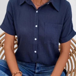Pocket Shirt Collar Short Sleeve Navy Blouse -Rosewe Online Store 333575 P 16854383999124