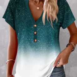 Plus Size Turquoise Button Ombre Short Sleeve Blouse