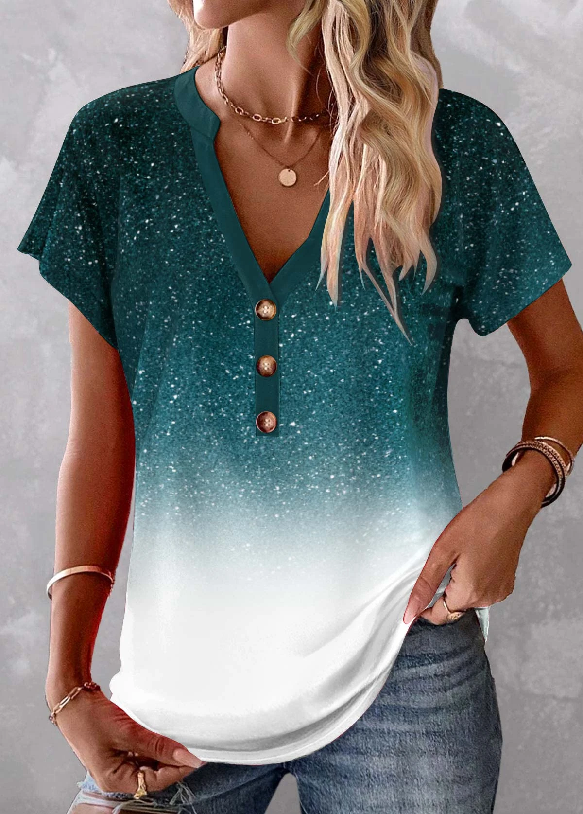 Plus Size Turquoise Button Ombre Short Sleeve Blouse 1 Plus Size Turquoise Button Ombre Short Sleeve Blouse