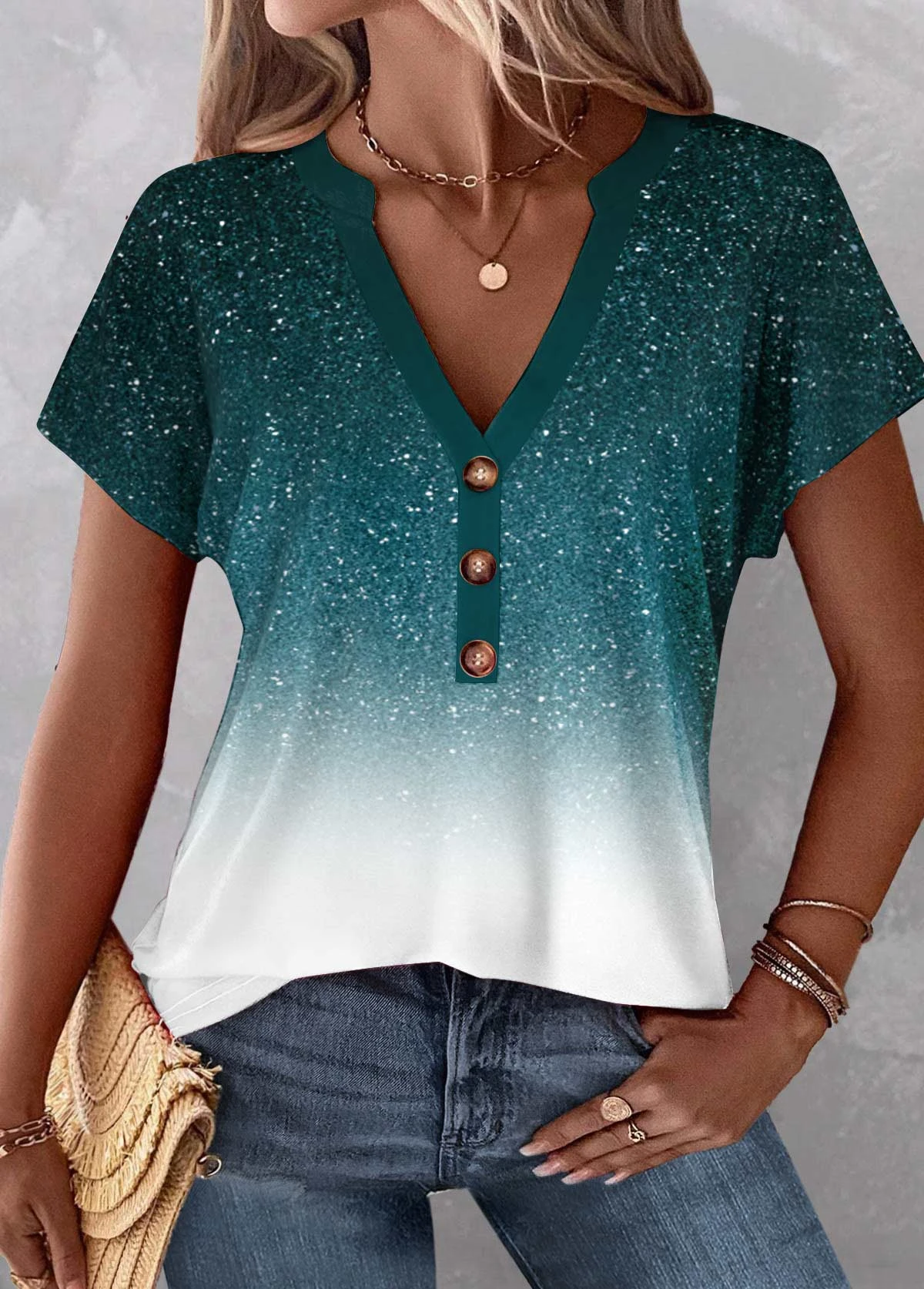 Plus Size Turquoise Button Ombre Short Sleeve Blouse 3 Plus Size Turquoise Button Ombre Short Sleeve Blouse - Image 3