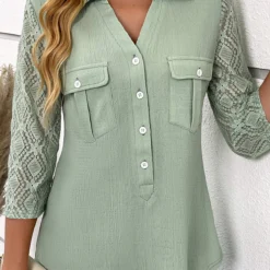 Patchwork Button Sage Green Shirt Collar Blouse 11 Patchwork Button Sage Green Shirt Collar Blouse -Rosewe Online Store 333728 P 16887318801895