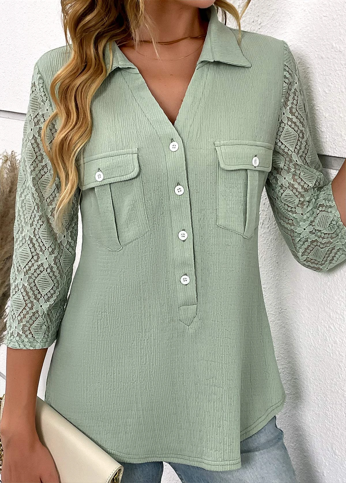 Patchwork Button Sage Green Shirt Collar Blouse 6 Patchwork Button Sage Green Shirt Collar Blouse - Image 6