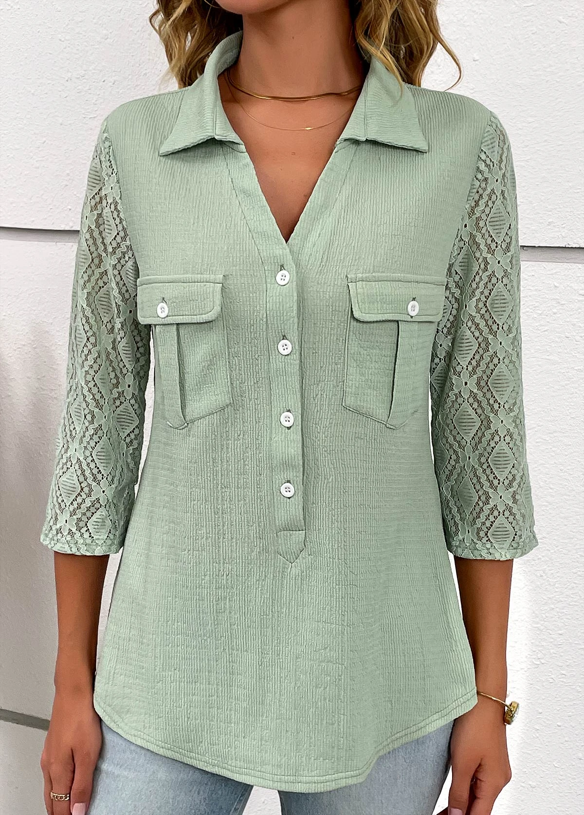 Patchwork Button Sage Green Shirt Collar Blouse 5 Patchwork Button Sage Green Shirt Collar Blouse - Image 5