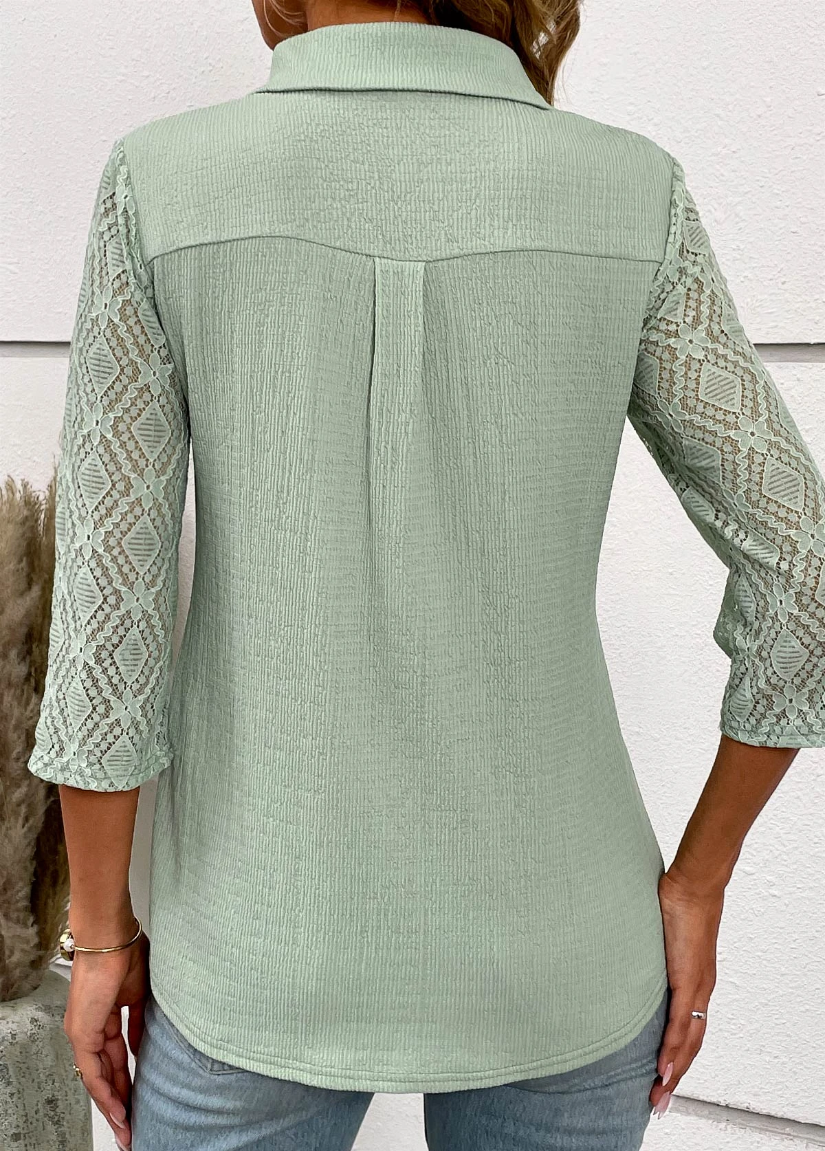 Patchwork Button Sage Green Shirt Collar Blouse 2 Patchwork Button Sage Green Shirt Collar Blouse - Image 2