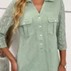 Patchwork Button Sage Green Shirt Collar Blouse