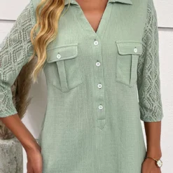 Patchwork Button Sage Green Shirt Collar Blouse