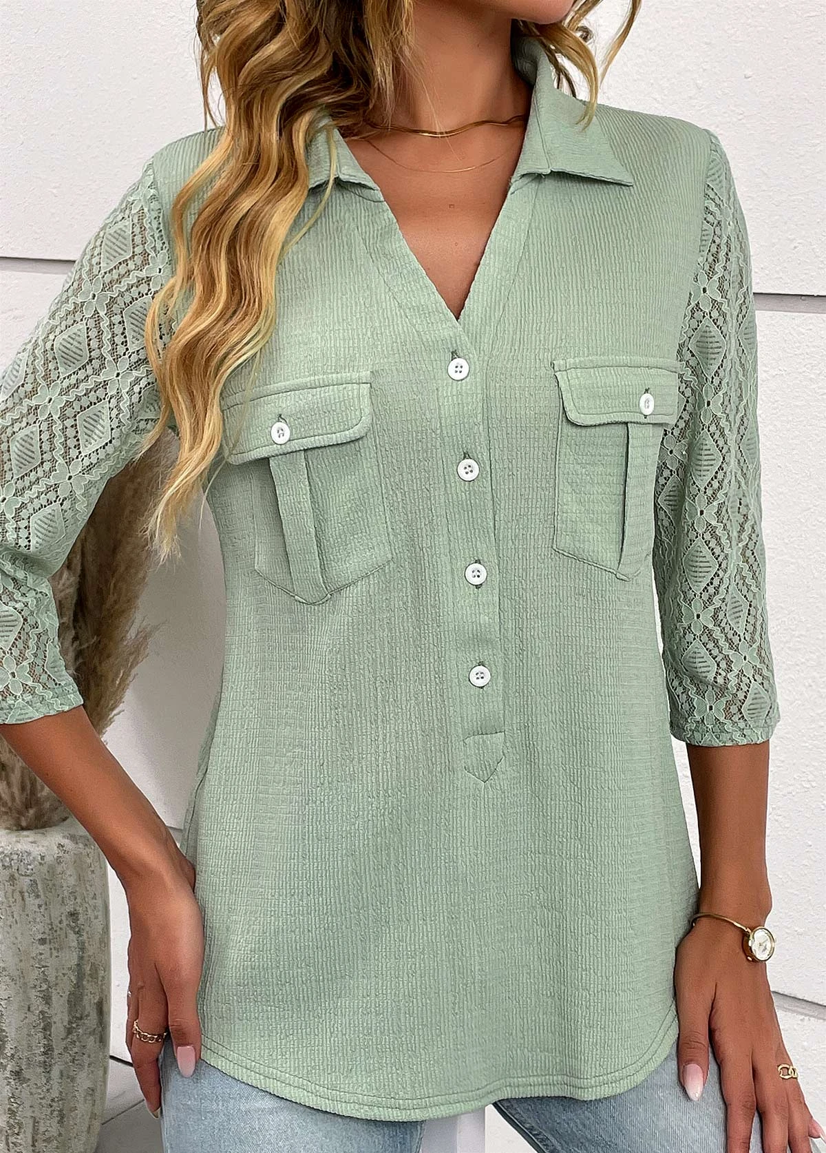 Patchwork Button Sage Green Shirt Collar Blouse 1 Patchwork Button Sage Green Shirt Collar Blouse
