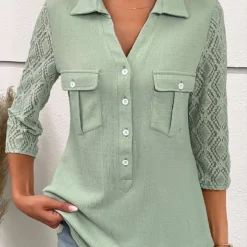 Patchwork Button Sage Green Shirt Collar Blouse 9 Patchwork Button Sage Green Shirt Collar Blouse -Rosewe Online Store 333728 P 16887318809393