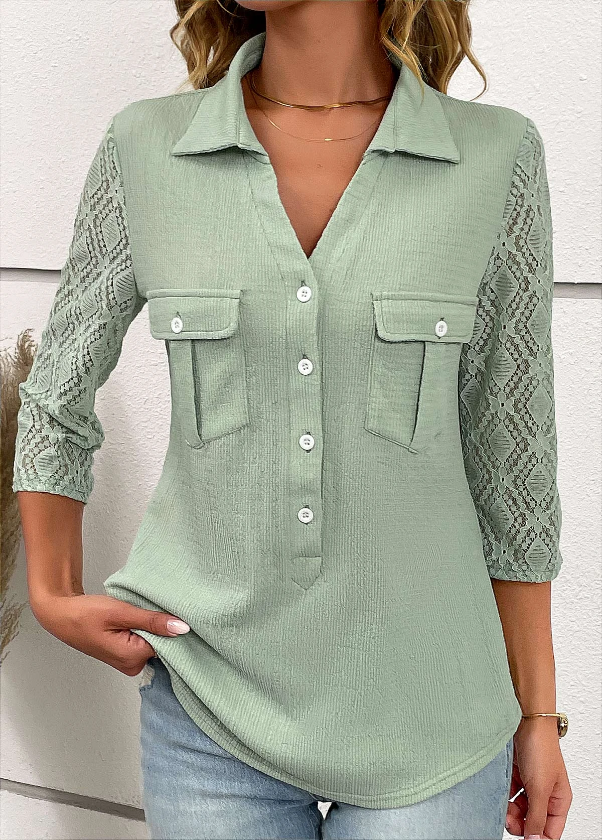 Patchwork Button Sage Green Shirt Collar Blouse 4 Patchwork Button Sage Green Shirt Collar Blouse - Image 4