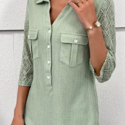 Patchwork Button Sage Green Shirt Collar Blouse 8 Patchwork Button Sage Green Shirt Collar Blouse -Rosewe Online Store 333728 P 16887318809992