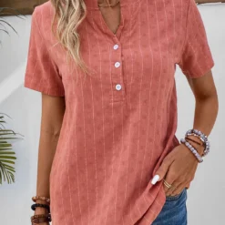 Striped Button Coral Split Neck Short Sleeve Blouse