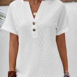 Button Split Neck Short Sleeve White T Shirt 9 Button Split Neck Short Sleeve White T Shirt -Rosewe Online Store 333756 P 16854383663434