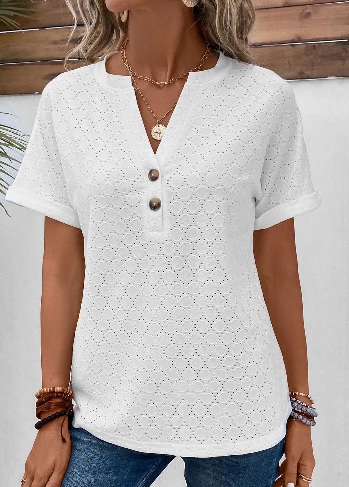 Button Split Neck Short Sleeve White T Shirt 5 Button Split Neck Short Sleeve White T Shirt - Image 5