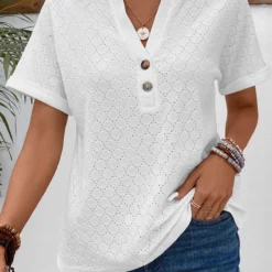 Button Split Neck Short Sleeve White T Shirt 7 Button Split Neck Short Sleeve White T Shirt -Rosewe Online Store 333756 P 16854383664272