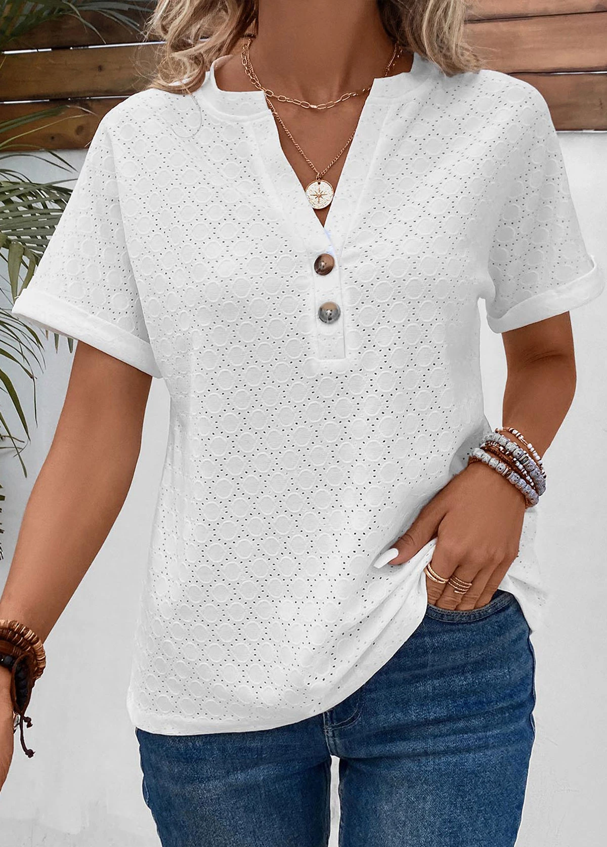 Button Split Neck Short Sleeve White T Shirt 3 Button Split Neck Short Sleeve White T Shirt - Image 3