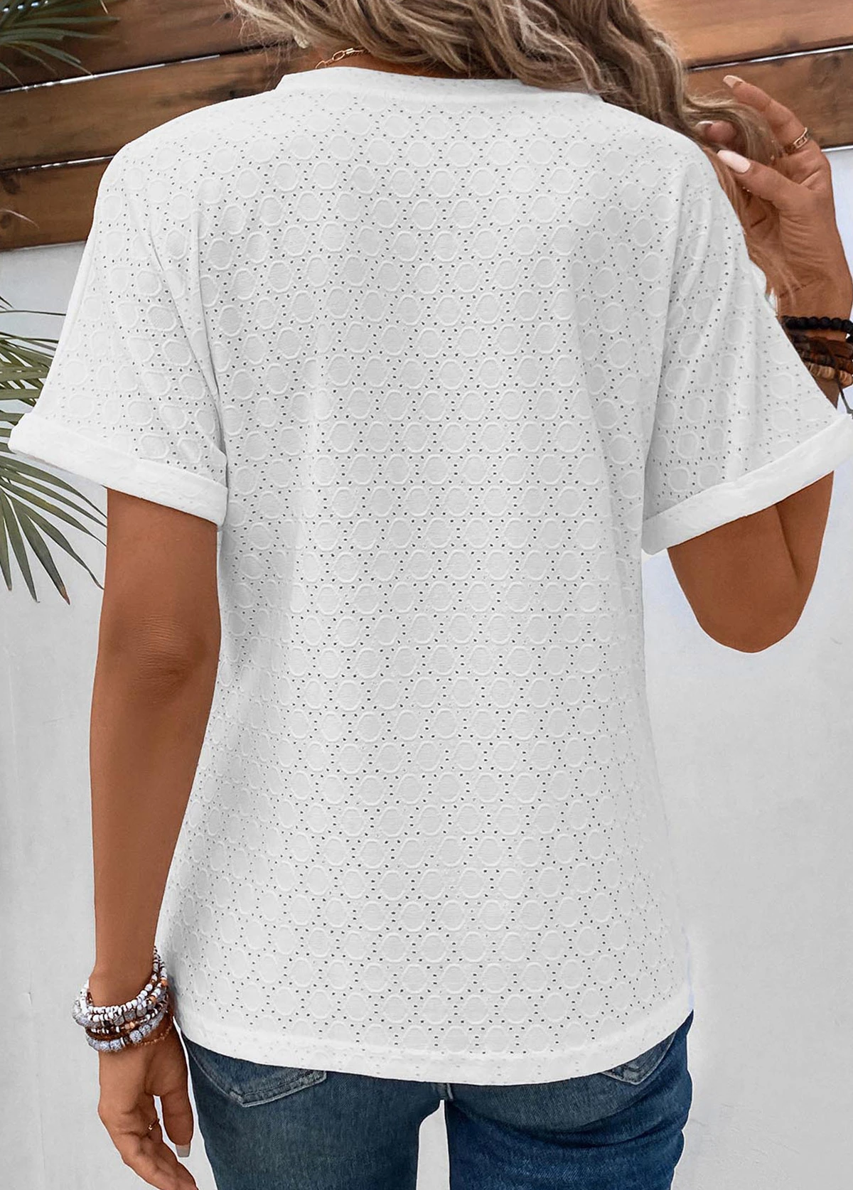 Button Split Neck Short Sleeve White T Shirt 2 Button Split Neck Short Sleeve White T Shirt - Image 2