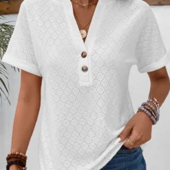 Button Split Neck Short Sleeve White T Shirt