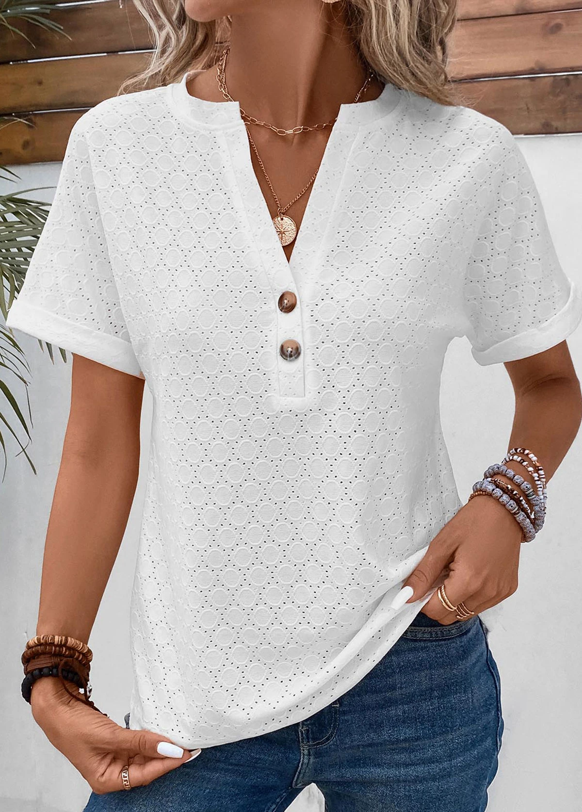 Button Split Neck Short Sleeve White T Shirt 1 Button Split Neck Short Sleeve White T Shirt