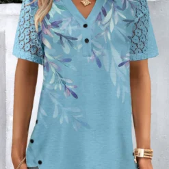 Plants Print Button Blue Shirt Collar Blouse