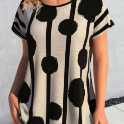 Round Neck Geometric Print Dark Camel T Shirt