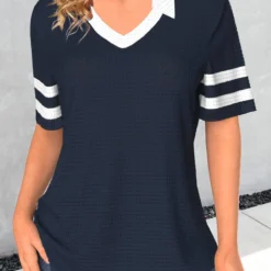 Short Sleeve Patchwork Navy Polo Collar T Shirt
