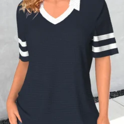 Short Sleeve Patchwork Navy Polo Collar T Shirt -Rosewe Online Store 334162 P 1685092746741