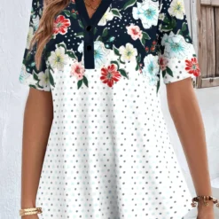 Floral Print Button Navy Shirt Collar Blouse -Rosewe Online Store 334396 P 1685004720663