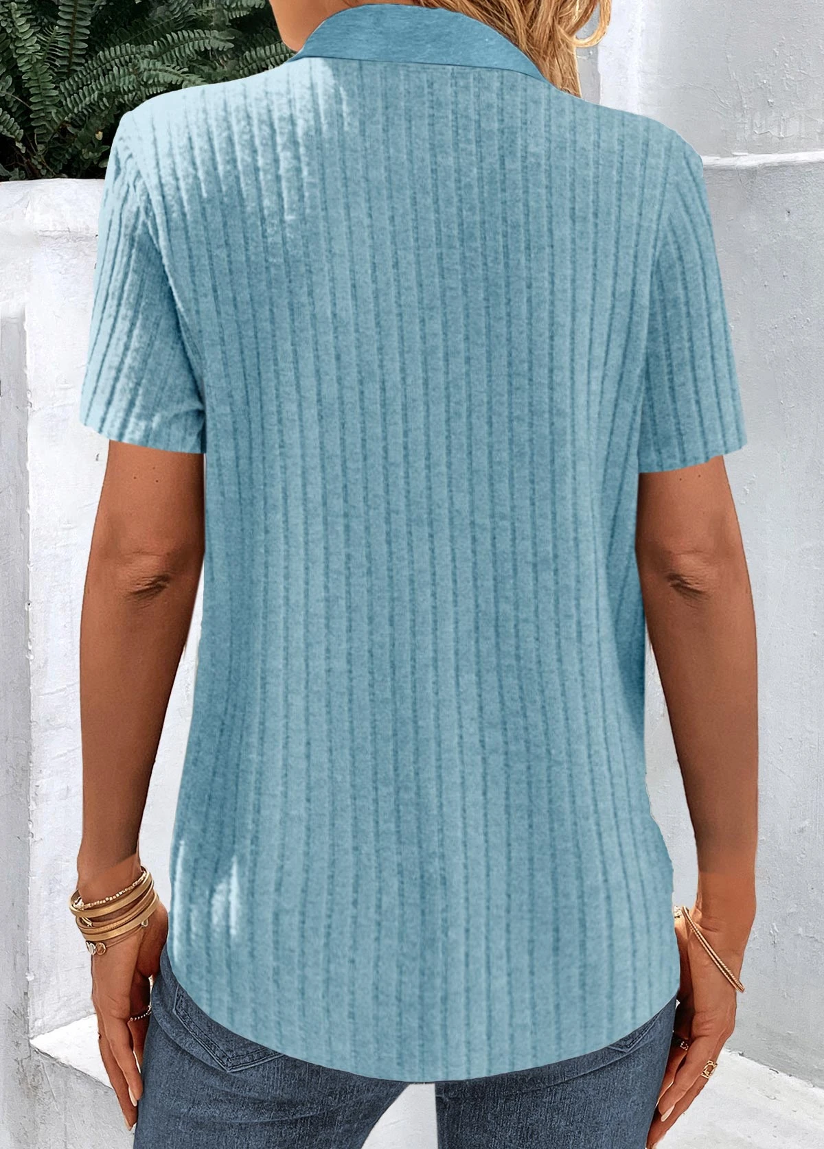 Blue Button Shirt Collar Short Sleeve Blouse 2 Blue Button Shirt Collar Short Sleeve Blouse - Image 2