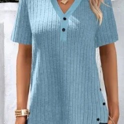 Blue Button Shirt Collar Short Sleeve Blouse