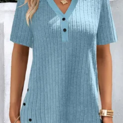 Blue Button Shirt Collar Short Sleeve Blouse 5 Blue Button Shirt Collar Short Sleeve Blouse -Rosewe Online Store 334697 P 1685964520397