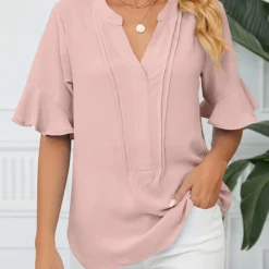 Tuck Stitch Split Neck Light Pink Blouse