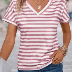 Striped Lightweight Pink V Neck T Shirt