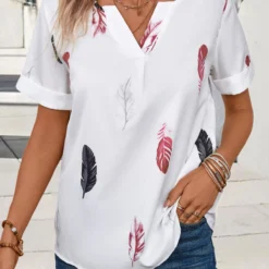 Feathers Print Lightweight White Split Neck Blouse