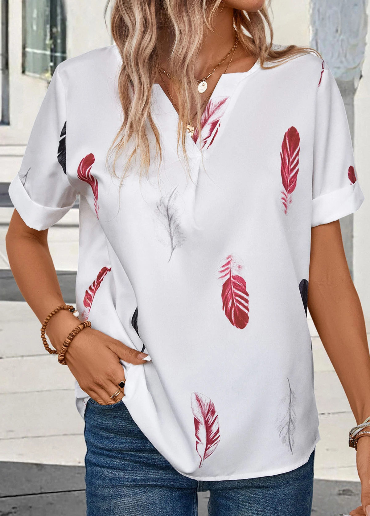 Feathers Print Lightweight White Split Neck Blouse 3 Feathers Print Lightweight White Split Neck Blouse - Image 3