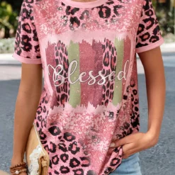 Leopard Patchwork Pink Round Neck T Shirt