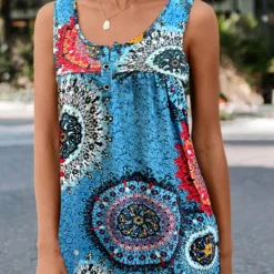 Tribal Print Ruched Blue Scoop Neck Tank Top 5 Tribal Print Ruched Blue Scoop Neck Tank Top -Rosewe Online Store 335217 P 16855256437262