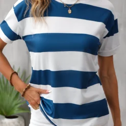 Striped Round Neck Short Sleeve Blue T Shirt